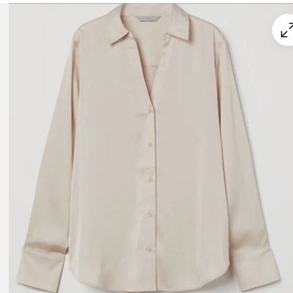 H&M Blouse Beige Satin V Neck Long Sleeve Button Top Shirt Size M - Picture 1 of 2